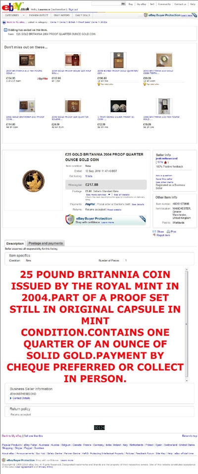 jenkinsthesecond eBay Listing Using our 2004 Quarter Ounce Gold Proof 25 Britannia Reverse Photograph
